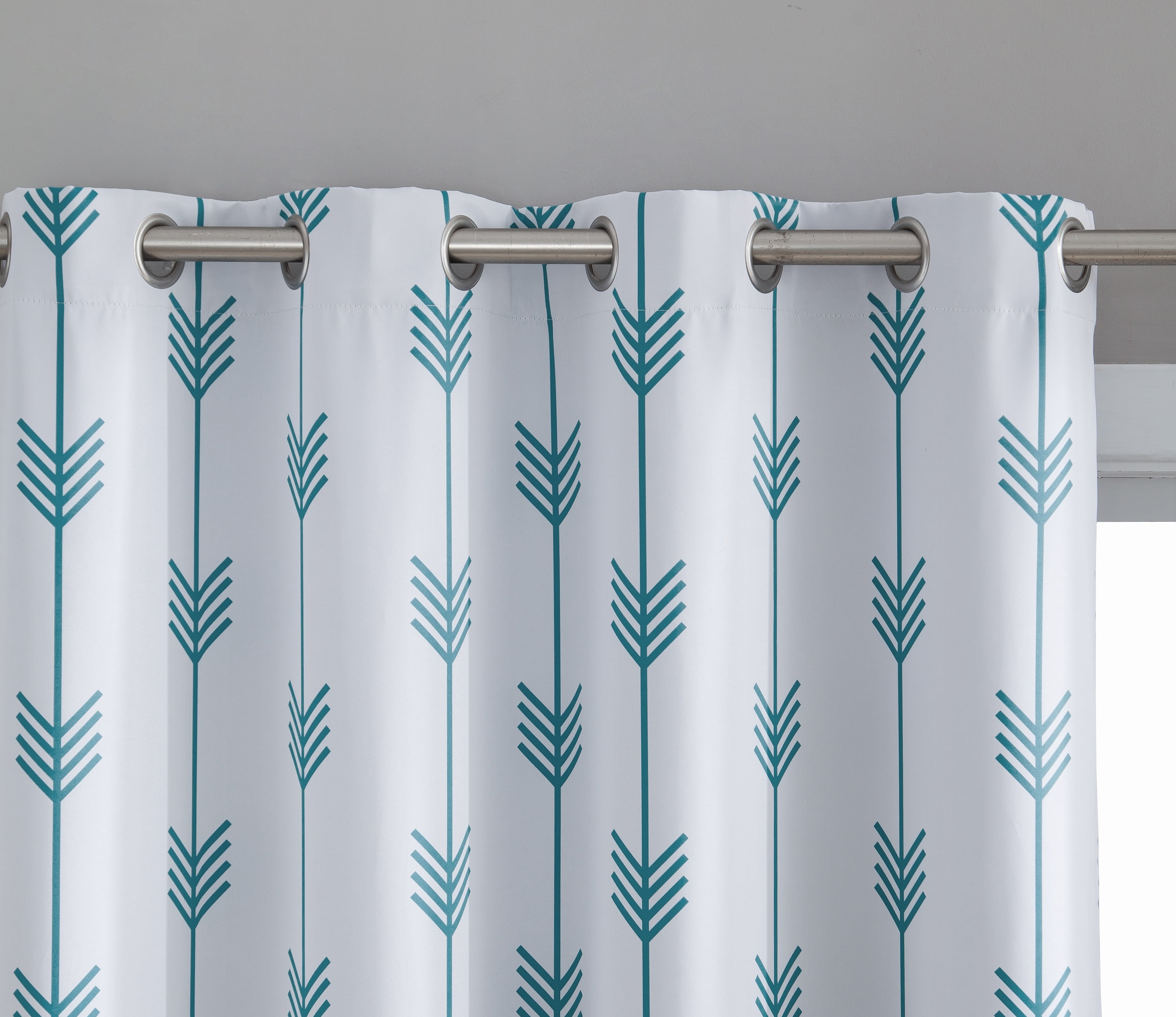 THD Arrow Printed Privacy Blackout Energy Efficient Room Darkening Thermal Grommet Window Curtain Drape Panels for Kids Bedroom - Set of 2 - Platinum White/Teal Blue - 84" inch Long