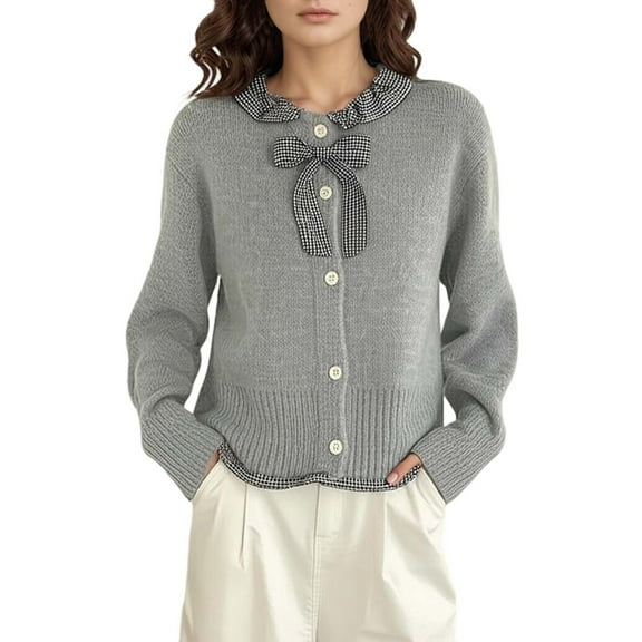 XIAOCHA Womens Cardigan Plaid Bow Tie Button Down Front Soft Cardigan Knit Sweater Loose Long Sleeve Comfortable Casual Outerwear Winter