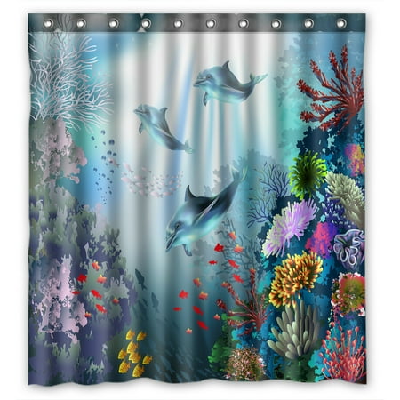 PHFZK Cute Animal Shower Curtain, Underwater World with Dolphins and Plants Polyester Fabric Bathroom Shower Curtain 66x72