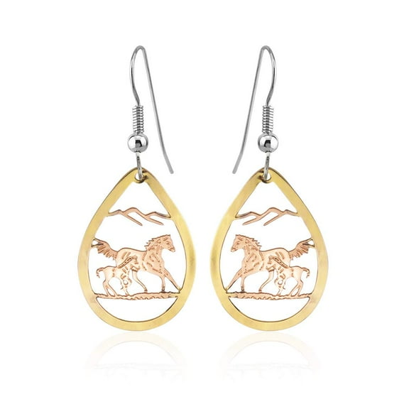 Artisan Copper Cut Out Horse Teardrop Earrings, Horse and Foal Two Tone Earrings Plated Gold and Copper, Horse Jewelry, Horse Lovers Gifts, Horse Gifts
