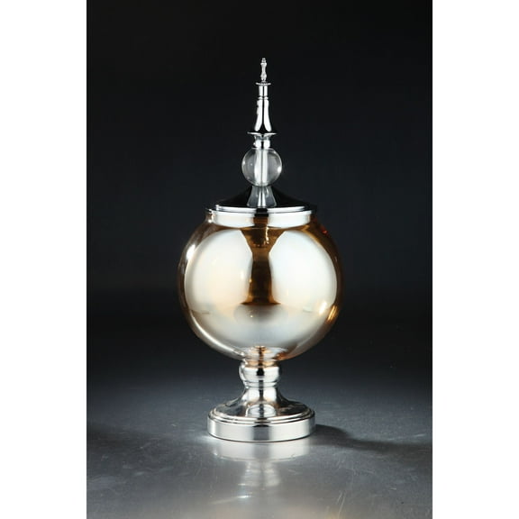 CC Home Furnishings 18.5" Amber and Silver Globe Shaped Glass Jar with Finial Lid