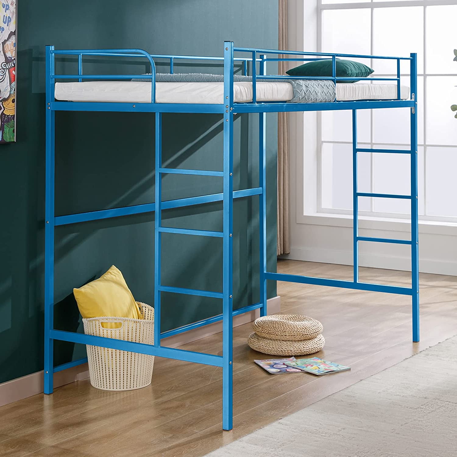 Cuoote Metal Twin Size Loft Bed Frame with Ladder and Guardrail Space Saving Design No Box Spring Needed Green