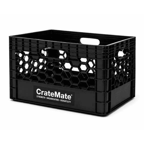 CrateMate Heavy-Duty Black Milk Crates for Storage, Organization,- Versatile & Durable Stackable | Perfect for Home, Camping, Worksite, & More - USA Made 18.75" x 13" x 11" 24 QT
