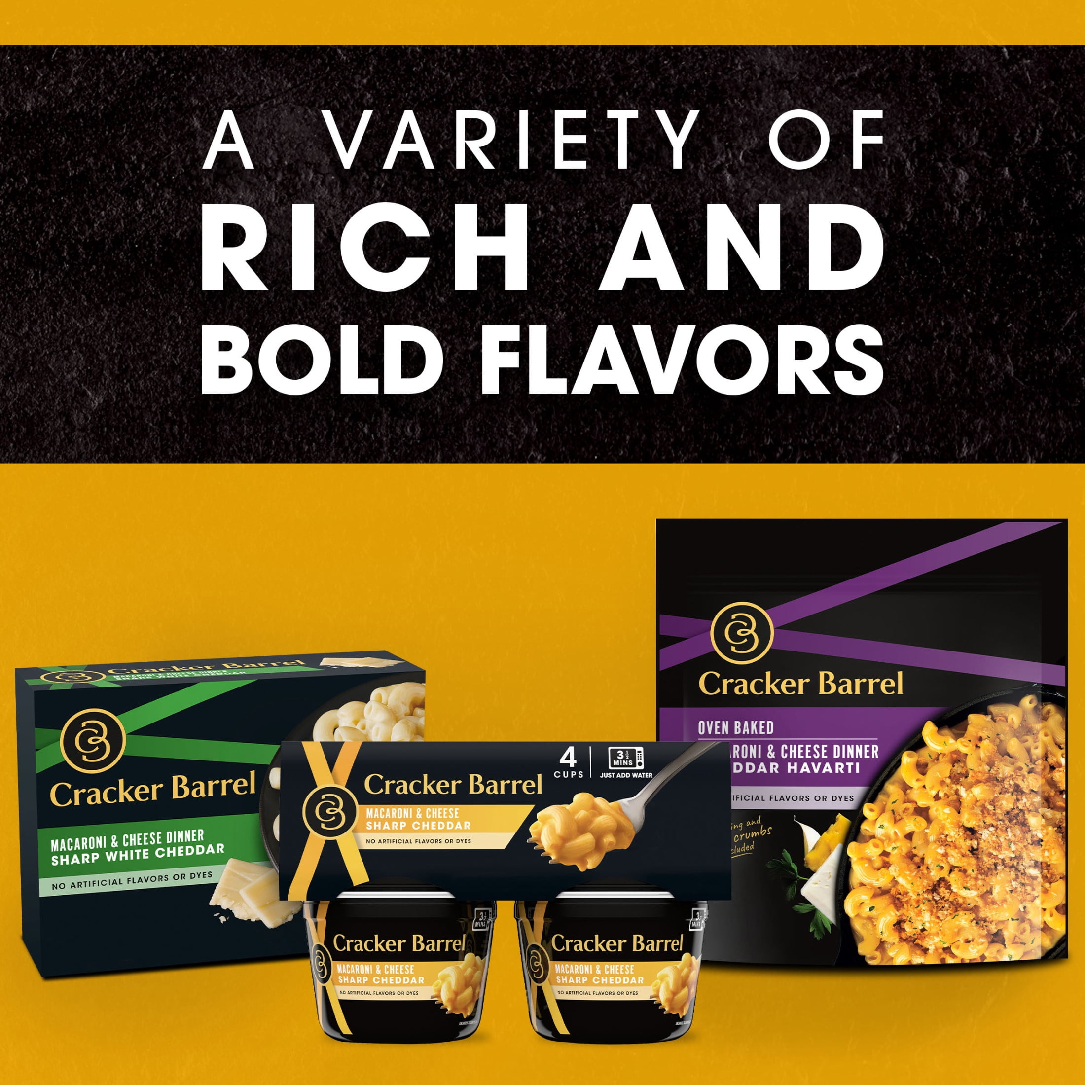 Cracker Barrel Mac and Cheese, 4 Cups, for Easy Dinner or Dinner Sides, Sharp Cheddar, No Artificial Flavors or Dyes, 2.39 oz