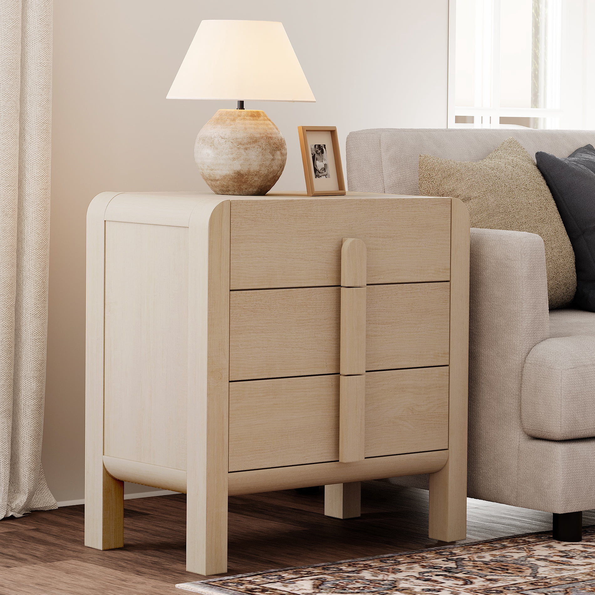 Mid-Century Modern Wood Nightstand with 3 Drawers ,31.5" Large End Table,Curved Bedside Table Storage Cabinet for Bedroom, Living Room,Entryway