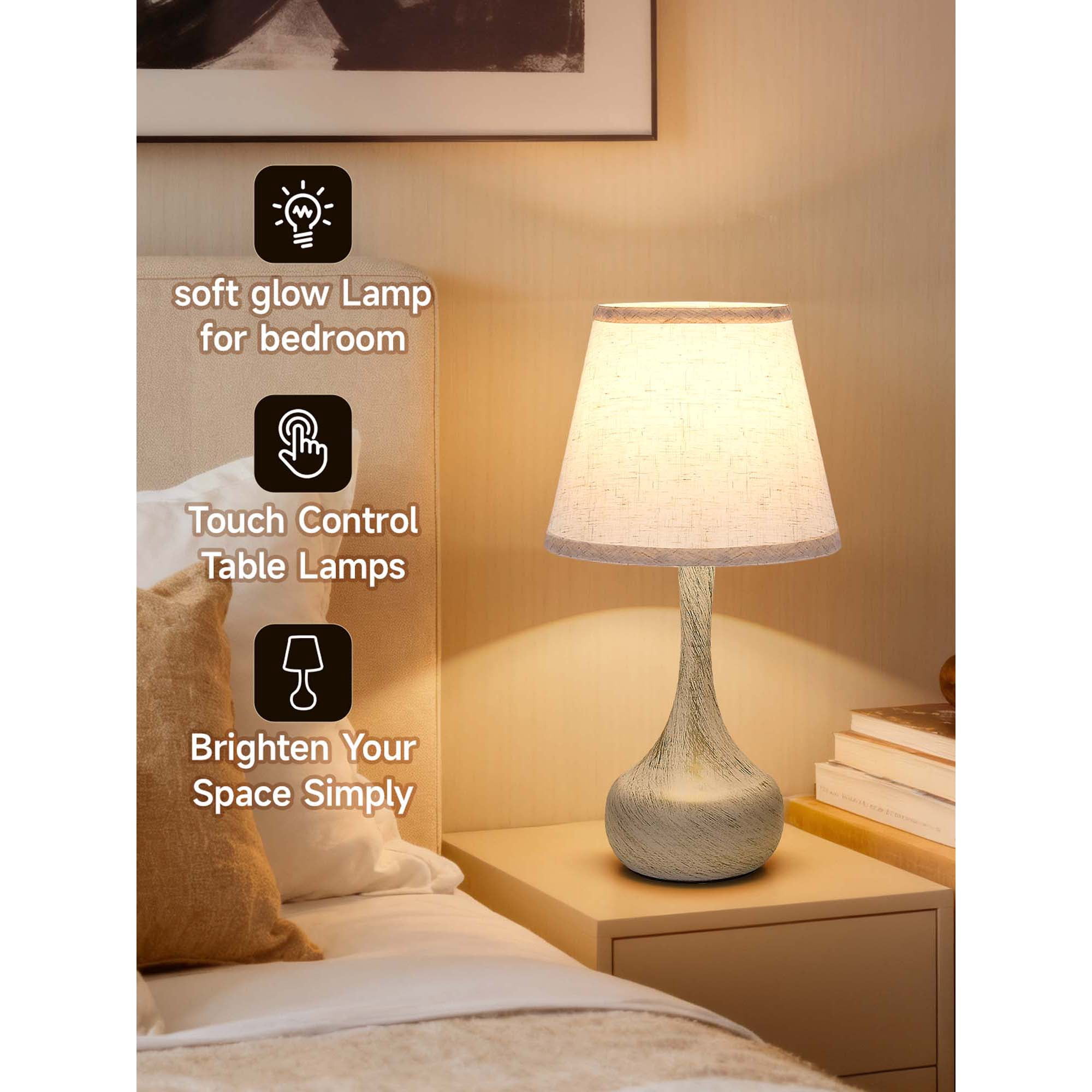 Miniyam 8.7" W * 16.6" H Touch Table Lamps Set of 2, 3 Way Dimmable Bedside Lamp for Bedroom, Including E26 LED Bulbs (White Gold)