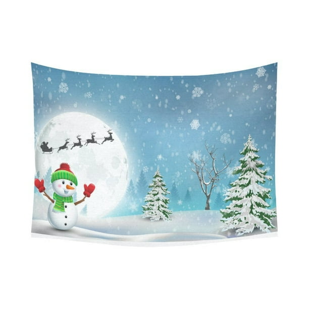 ABPHQTO Muñeco de nieve navideño Tapiz de árbol de pino Colgante de pared horizontal Reno Papá Noel Trineo Decoración de pared Arte para sala de estar Dormitorio Dormitorio 150x200 cm