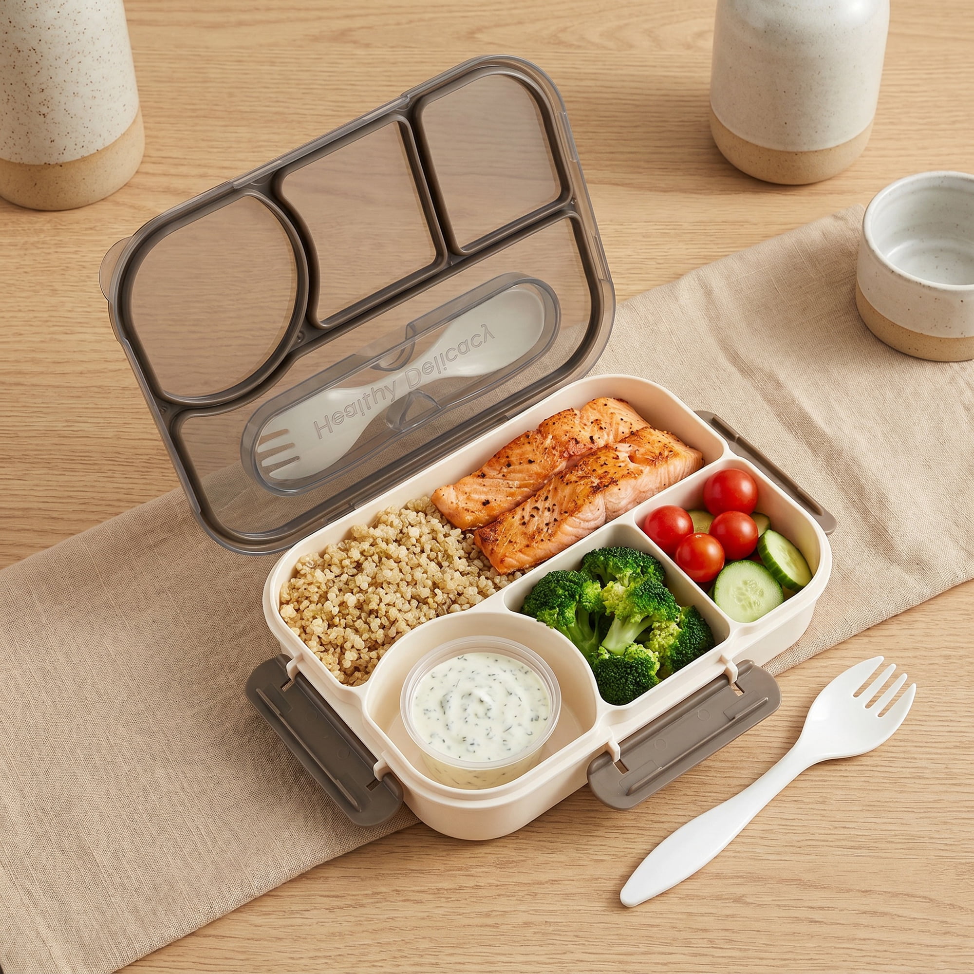 Unique Bargains Bento Lunch Box with Built-in Cutlery Slot for Work Travel Gray-2