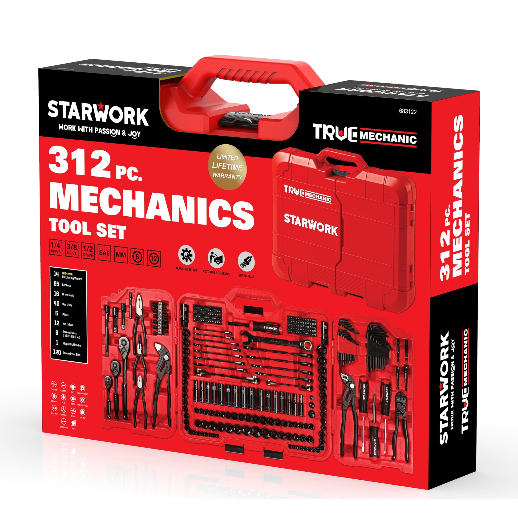 STARWORK TRUE MECHANIC™ 312-Piece Mechanics Tool Set and Socket Set, Professional【Pliers Wrench Version】 SAE/Metric