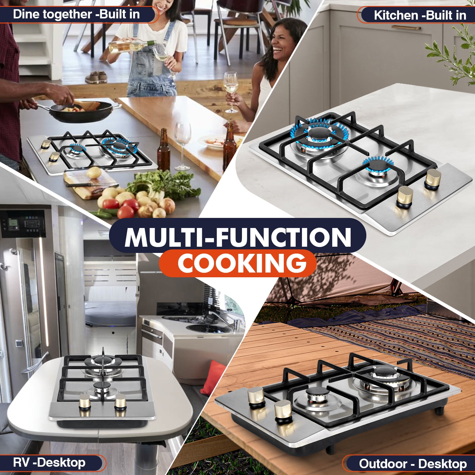 FRIZI 12-Inch 2 Burner Gas Stove, Portable Stainless Steel Propane Cooktop, Dual Fuel LPG/NG Convertible with Thermocouple Safety Protection for Kitchen, RV, Camping, and Outdoor Cooking