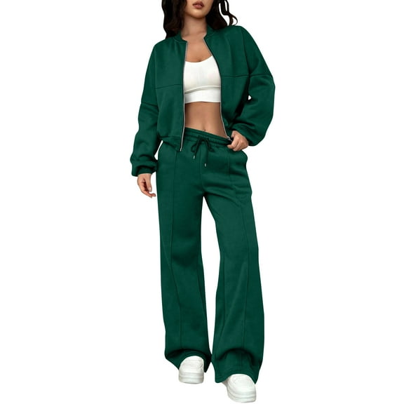 Women Two Piece Outfits Sweatsuit Zip Up Sweatshirt Wide Leg Sweatpant Matching Travel Tracksuit Lounge Sets Army Green XL