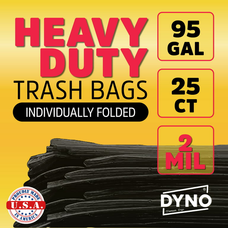Dyno Products Online 95-Gallon, 2 Mil Thick Heavy-Duty Black Trash Bags -  25 Count Extra Large Plastic Garbage Liners Fit Huge Cans for Home Garden