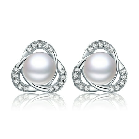 TANGPOET 925 Sterling Silver Pearl Earring, 18K White Gold Plated, AAA+ Handpicked Freshwater Cultured Earrings Stud