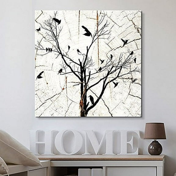 Wall26 Square Canvas Wall Art - Birds in Tree Wood Effect Canvas - Giclee Print Gallery Wrap Modern Home Decor Ready to Hang - 24x24 inches