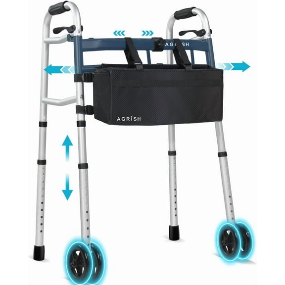 Agrish Narrow Walkers for Small Doorway - Width Height Adjustable Walker, Lightweight Folding Walker for Seniors Handicapped & Disabled, with Storage Bag, Up to 400lbs