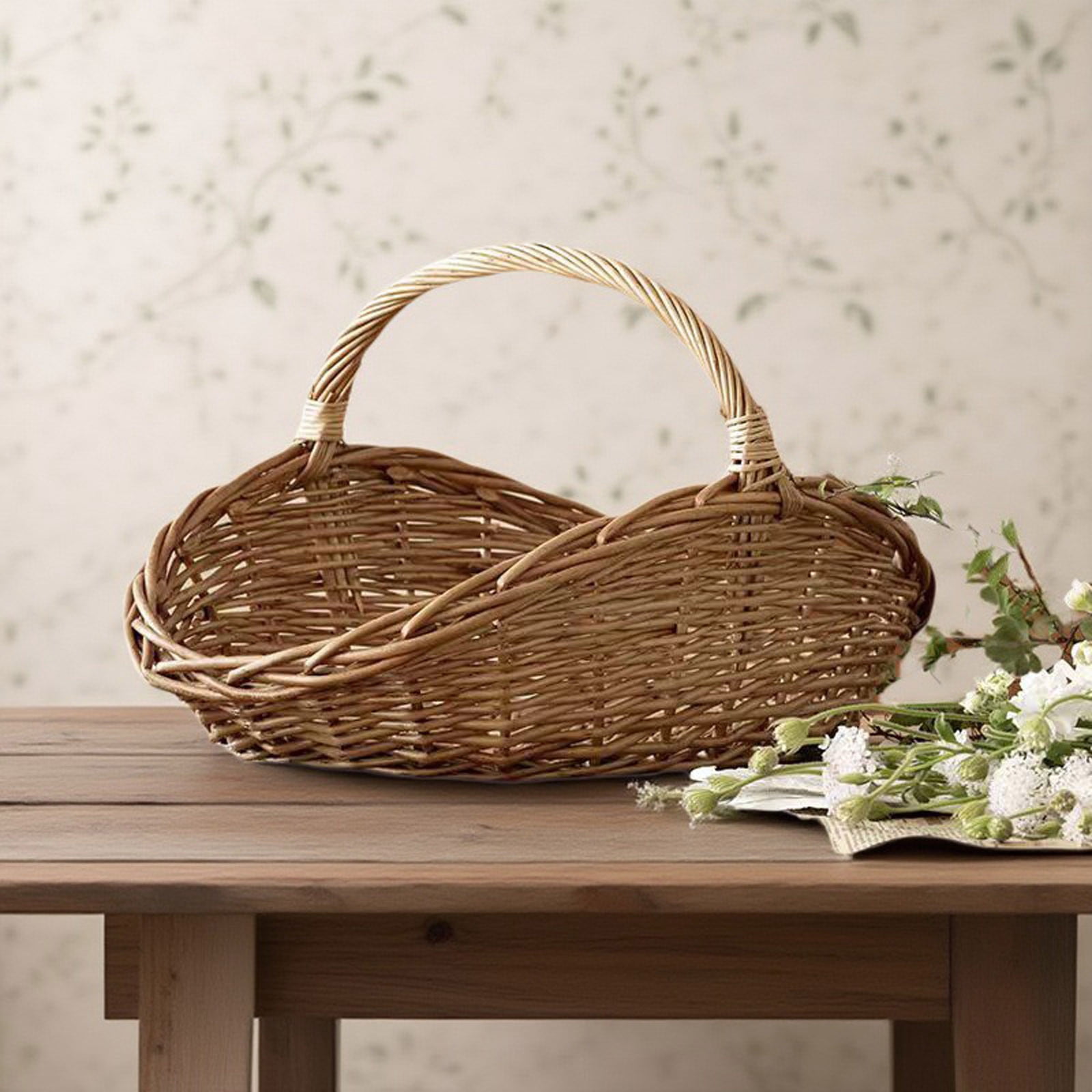 UJMNHYGT Handwoven Wicker Harvest Basket with Handle, 14.17x8.27x9.84 Inch Rattan Woven Storage Basket for Garden Fruit Vegetables Picnic Easter Organizing Flower Girl Gift Basket