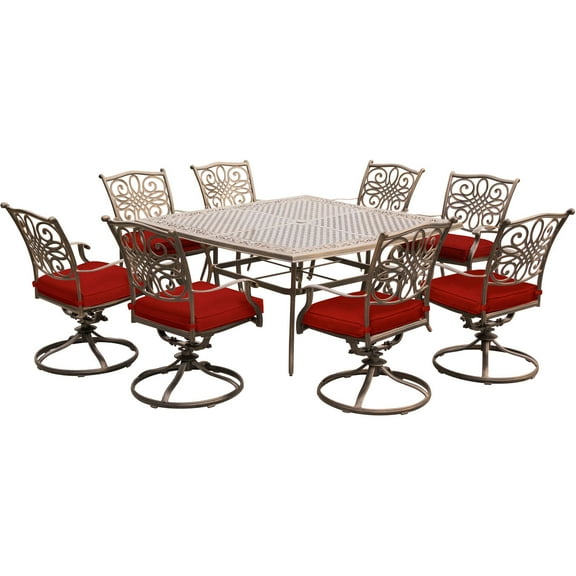 Hanover Traditions 9-Piece Outdoor Dining Set with Square Cast-Top Table and 8 Swivel Rockers