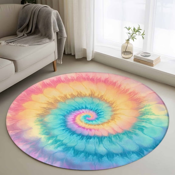 Colorful Tie Dye Round Area Rug 3 FT, Small Kitchen Bathroom Mat, Rainbow Ombre Abstract Pattern Art Washable Indoor Outdoor Throw Runner Carpet Non-Shedding Doormat for Table Shower Sofa Entryway