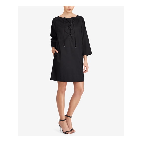 LAUREN RALPH LAUREN Womens Black Long Sleeve Scoop Neck Above The Knee Shift Dress S