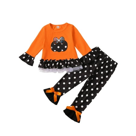 

Gwiyeopda Toddler Baby Girl Halloween Ruffle Long Sleeves Dress Tops Pumpkin Leggings Pants 2Pcs