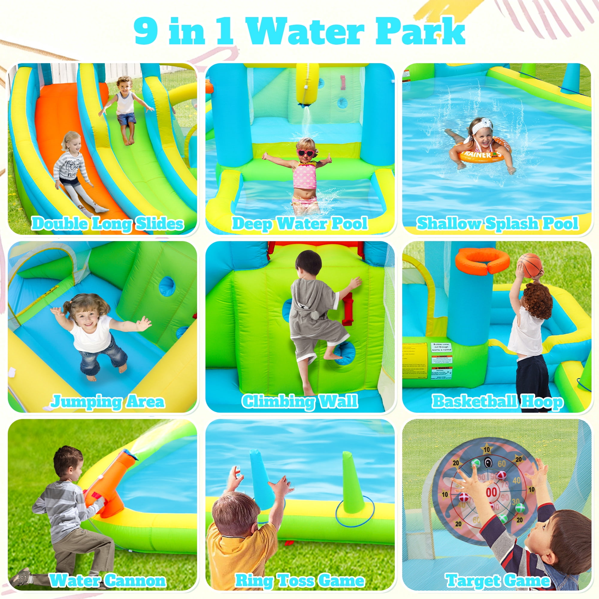 WELLFUNTIME Inflatable Water Slide for 5 Kids, Bounce House with Blower, Splashing Pool, Water Cannon, Water Park for Backyard Summer Fun