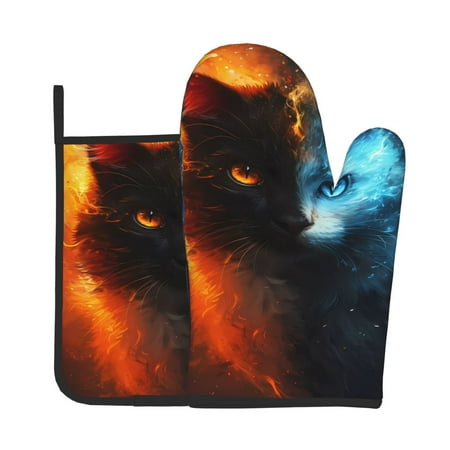

Bingfone Red And Blue Fire Cat Print Oven Mitts Pot Holders Set 2 PCS for Kitchen for Cooking Grilling Baking BBQ Pot Holders Cook Essentials
