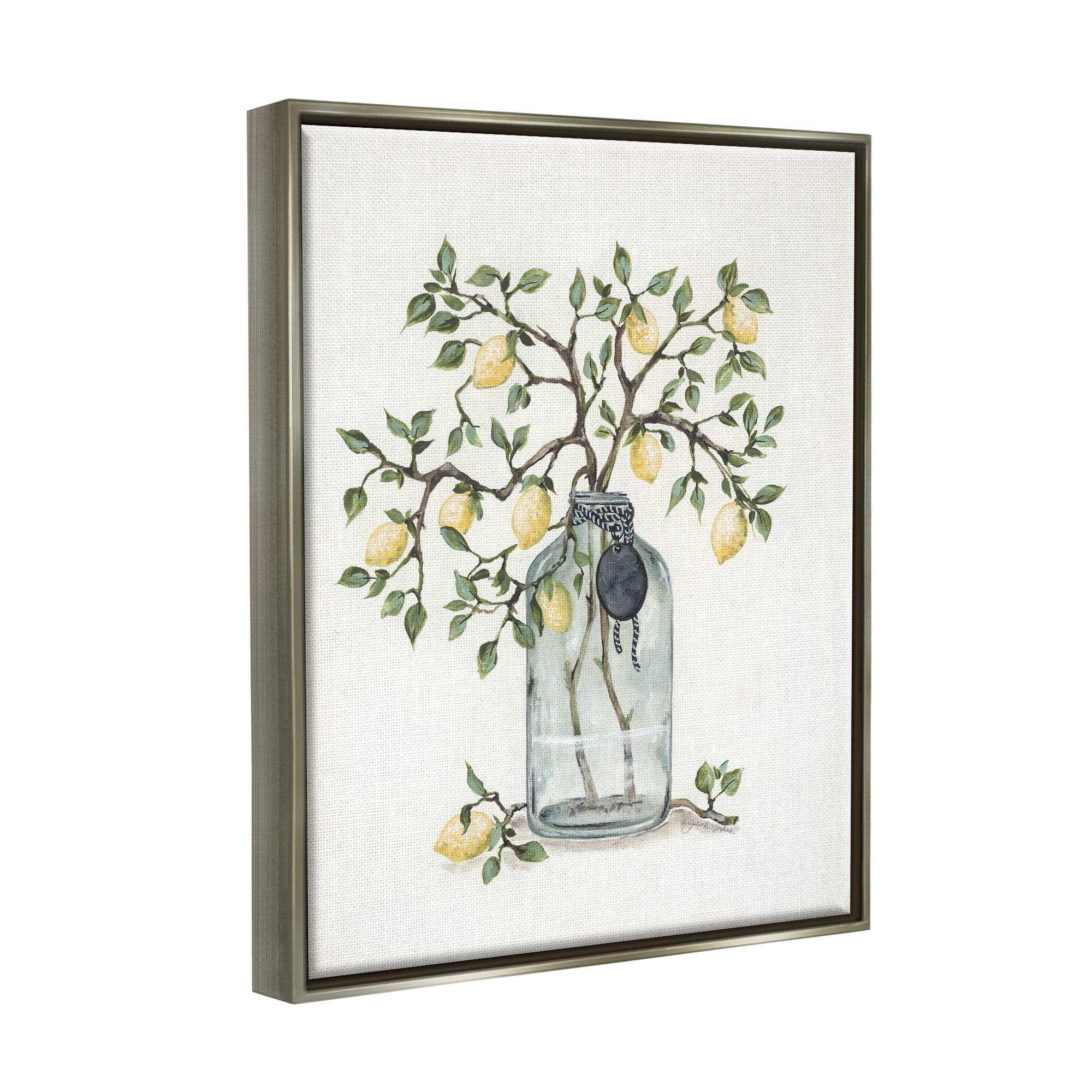 Stupell Industries Dangling Country Lemon Branches Decorated Glass Vase Painting Luster Gray Floating Framed Canvas Print Wall Art, Design by Julie Norkus
