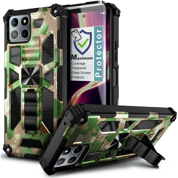 Nagebee Phone Case Compatible for Boost Mobile Celero 5G Plus 7.0" (2023) with Tempered Glass Screen Protector, Full-Body Protective Shockproof [Military-Grade] Built in Kickstand Heavy-Duty (Camo)