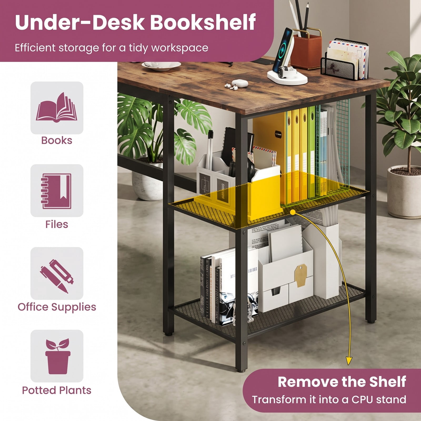 Furnibear 59 Inch Computer Desk with Charging Station, Home Office Writing Desk with 2-Tier Storage Shelves, Metal Frame Study Desk with USB &, Black & Rustic Brown