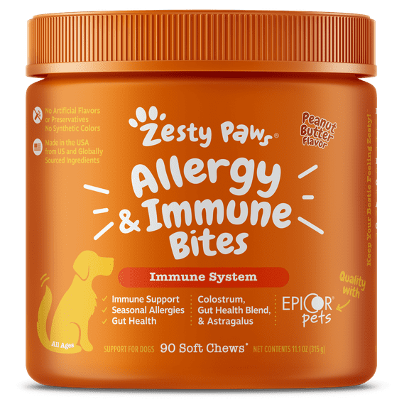 Zesty Paws Allergy & Immune Bites for Dogs, Apple and Peanut Butter 90ct, for Seasonal Allergies & Immune Support