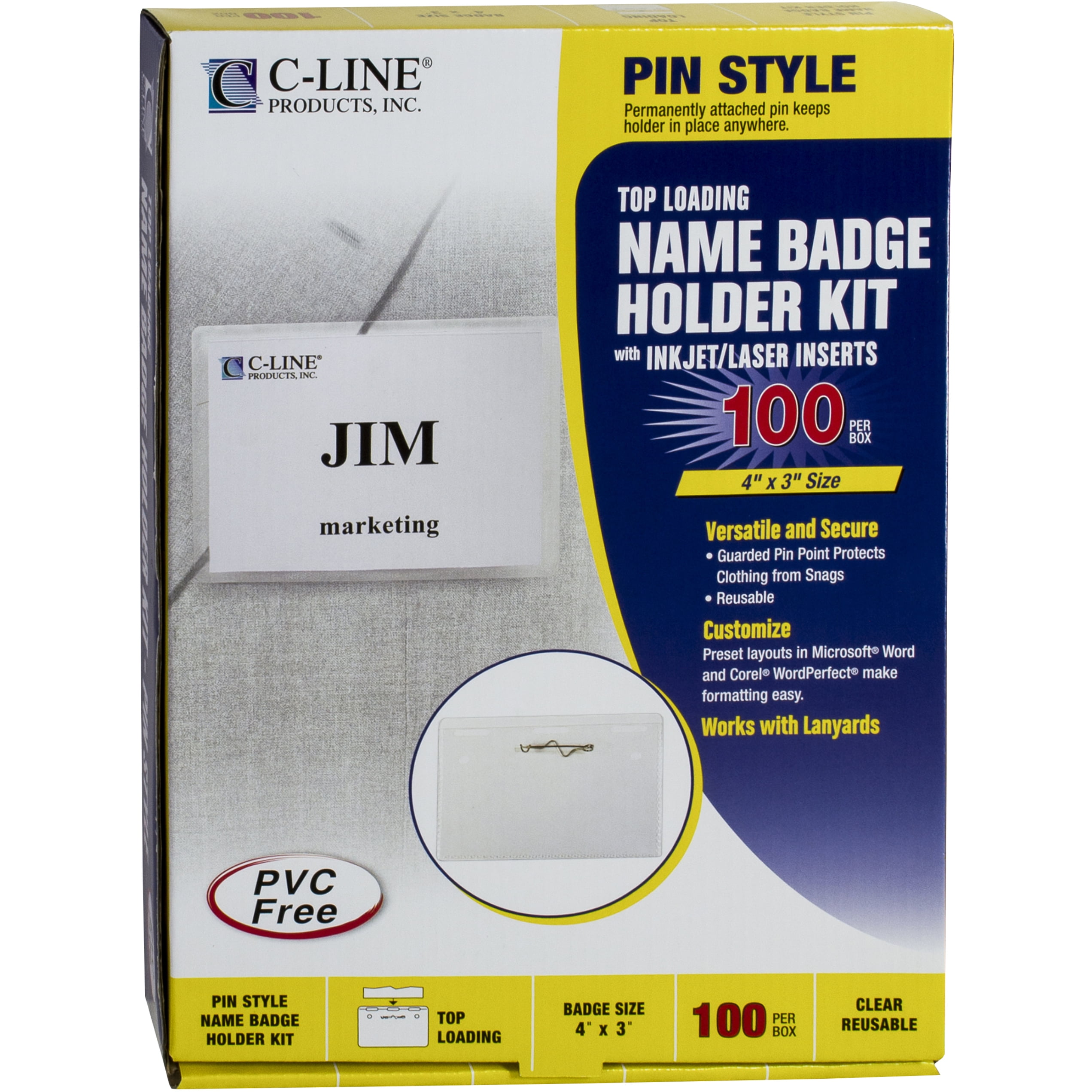 Times up Pin Name Badge Kit with Laser Inkjet Printable Insert, 4" x 3", Plastic, Clear, Pack of 100