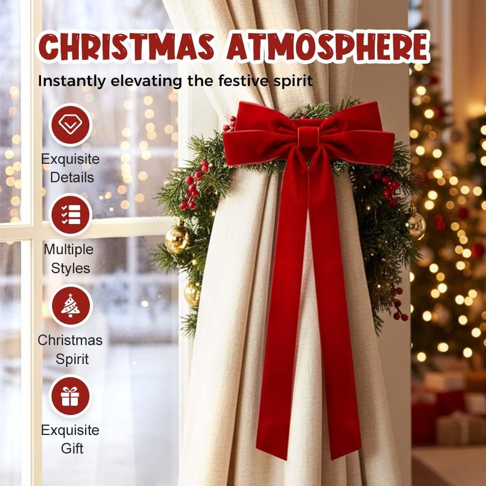 Christmas Curtain Tieback with Red Velvet Bow - Decorative Holiday Holders 19.7x15.7 Inch for Festive Home Decor, Perfect for Christmas Living Room, Window, Mantel