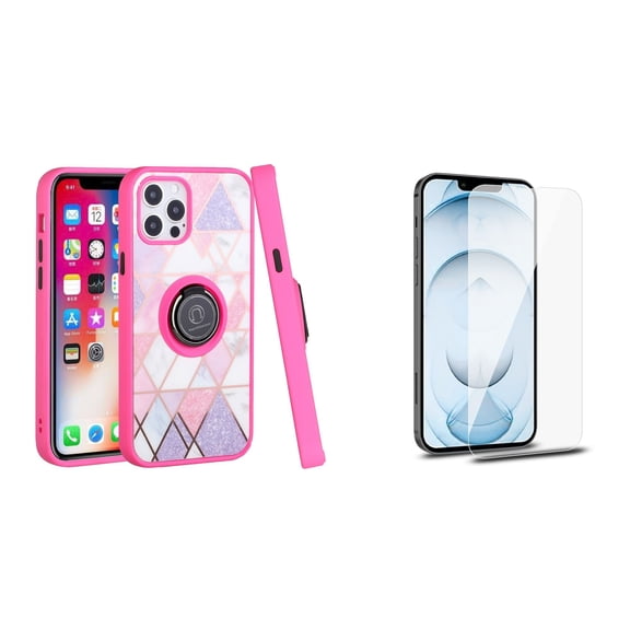 Bemz Ring Series Case for iPhone 14 Pro Max (TPU Silicone Cover with Magnetic Stand) with Tempered Glass Screen Protector - Pink on Purple Marble