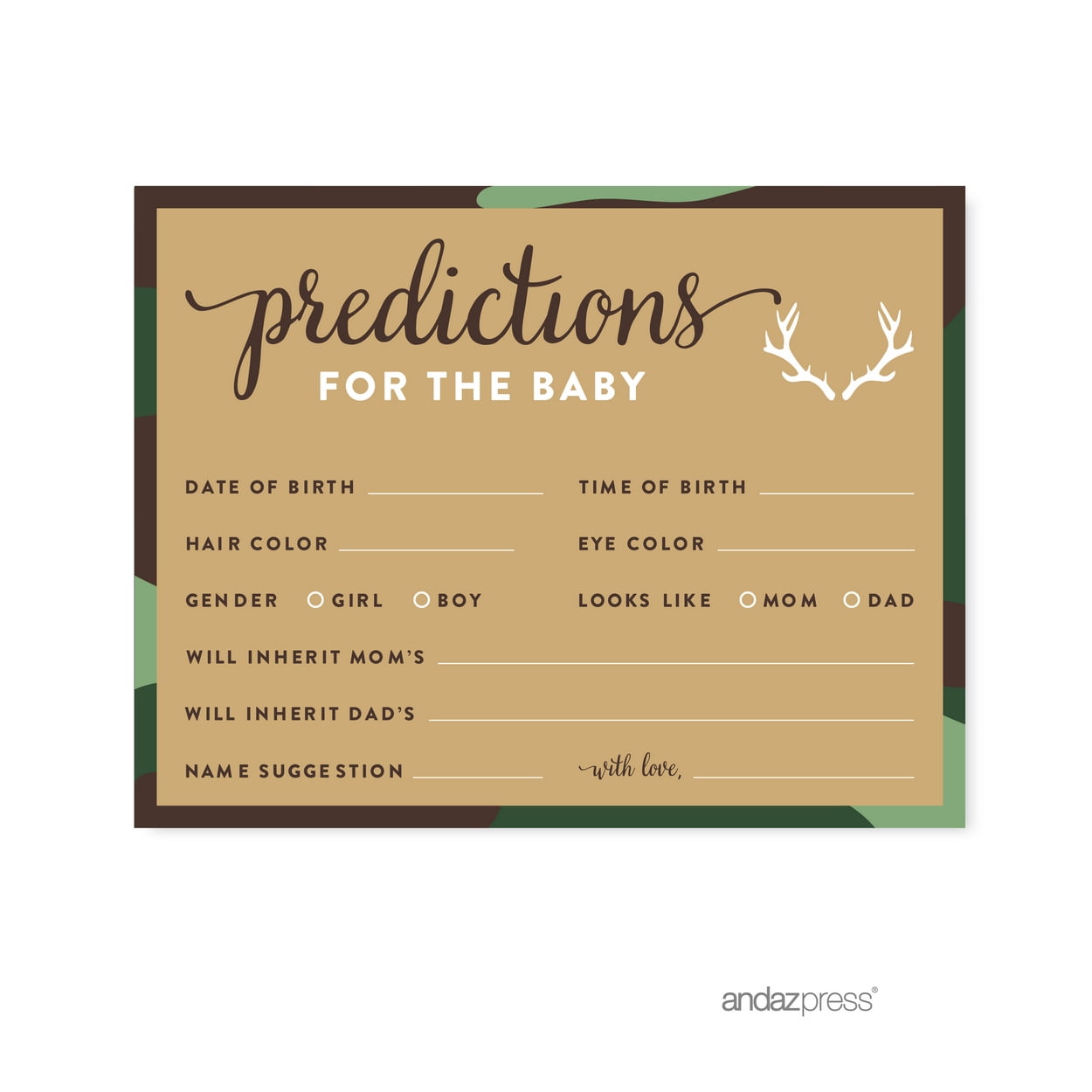 ANDAZ PRESS Predictions For Baby Green Woodland Camouflage Boy Baby Shower Game, 20-Pack