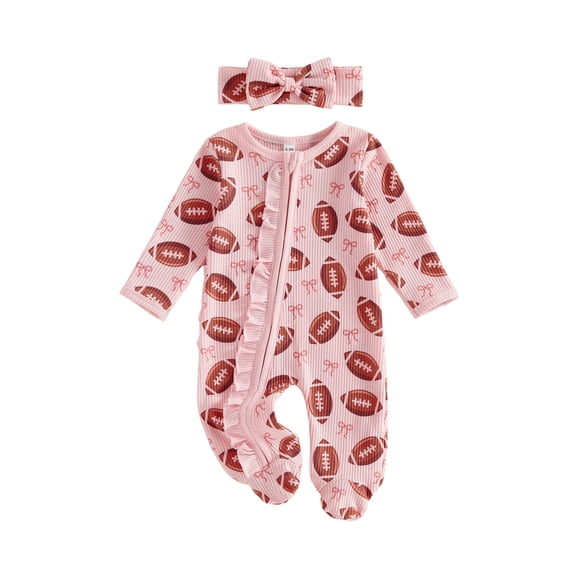 Cjfdfy Newborn Baby Girl Game Day Outfit Football Bow Print Waffle Long Sleeve Zip Up Footies Romper And Headband Infant Cute My First Football Season Fall Winter Set 0-9M