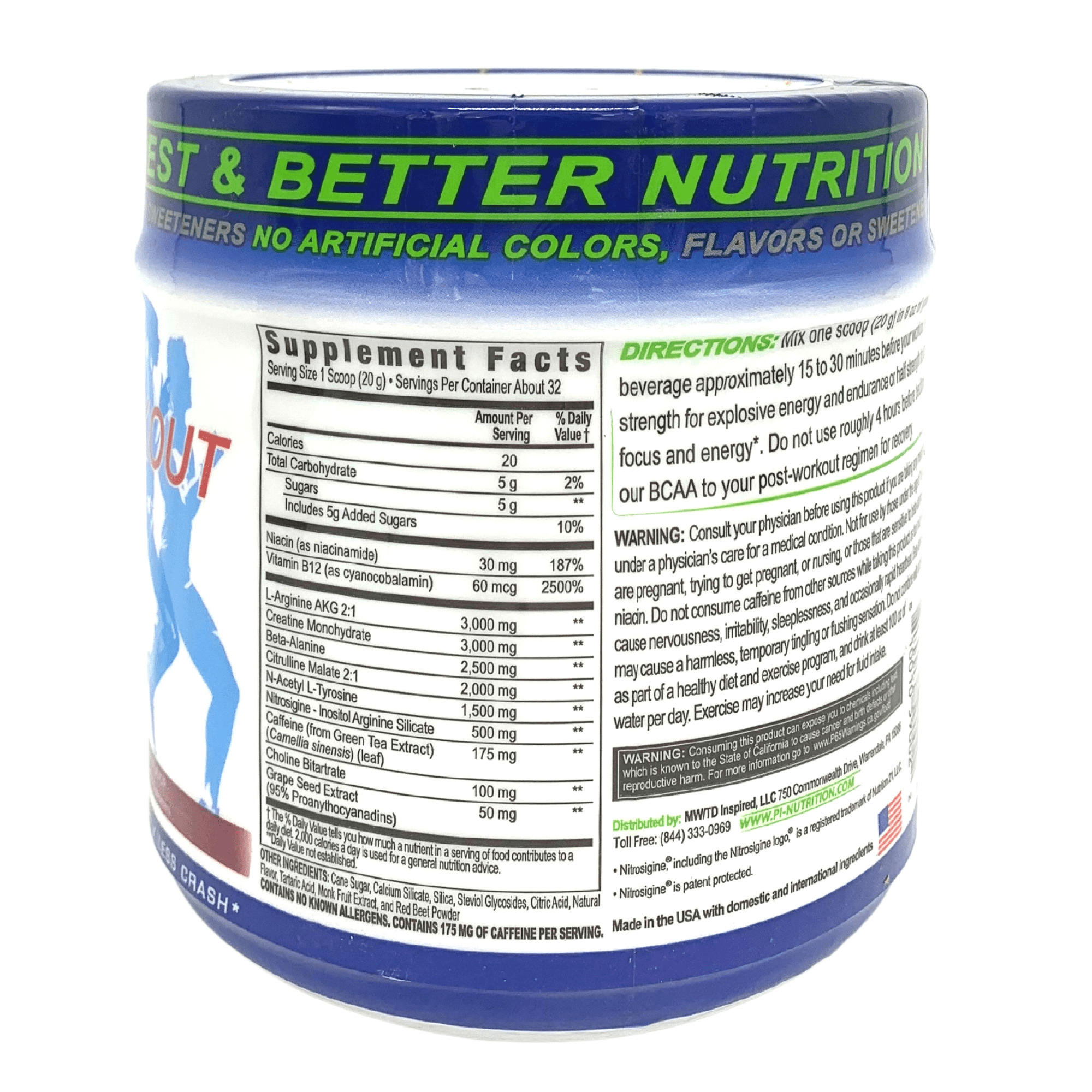 Performance Inspired Nutrition - Pre-Workout Powder - All Natural - G-Free & Vegan Formula - Citrulline - Green Tea - Arginine - Black Cherry - 32 Servings