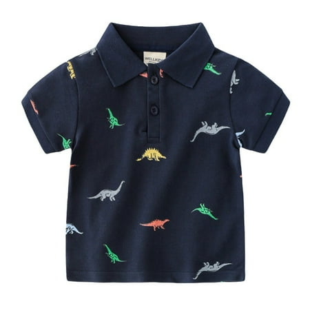 

Clearance!Boys Summer Dinosaur Print T-Shirts School Children Clothing Cotton Short Sleeve Turn-down Collar Buttoned Sports Tees Size 1-7T