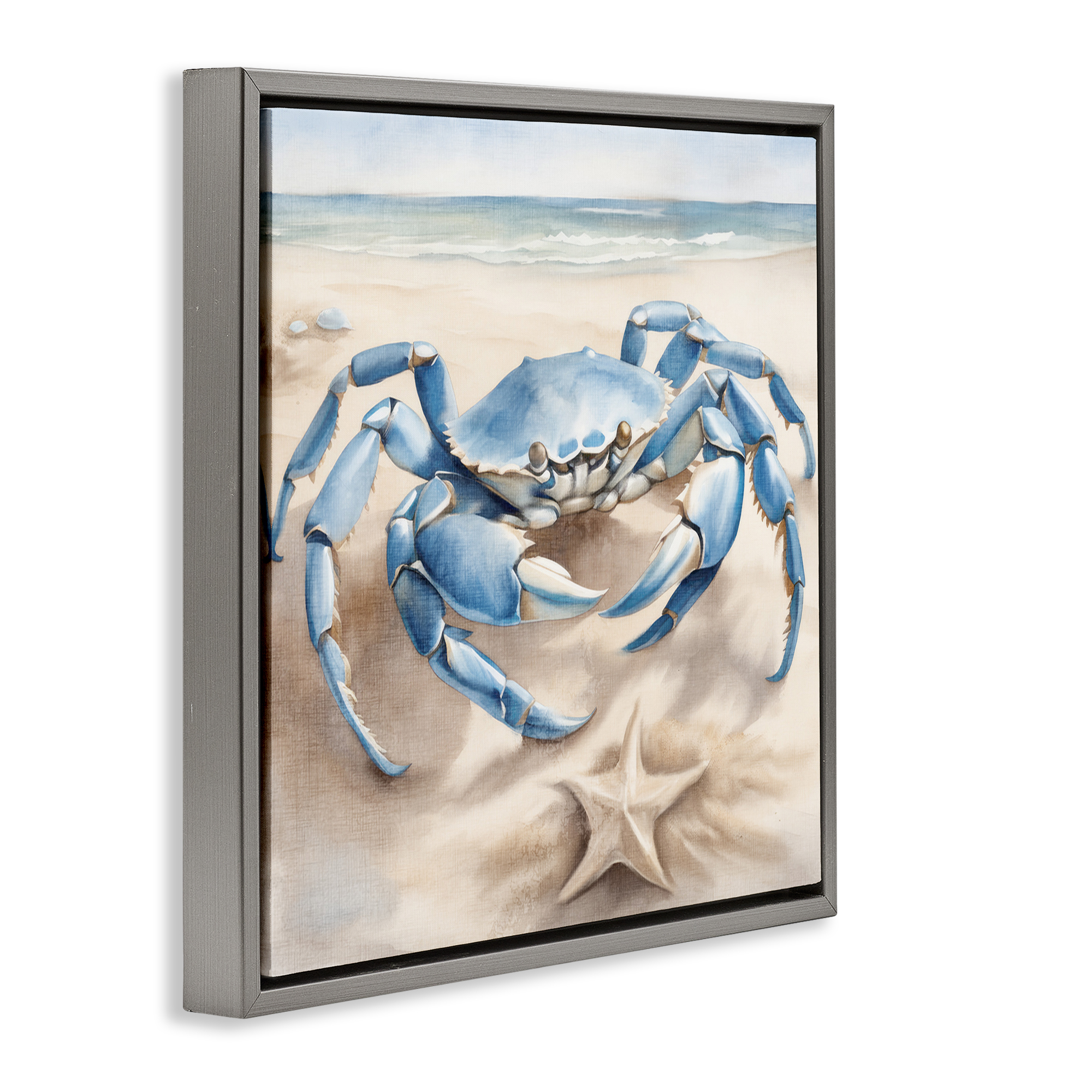 Stupell Industries Crab & Starfish on Beach Animals & Insects Painting Gray Floater Framed Canvas Art Print Wall Art, 25 x 25