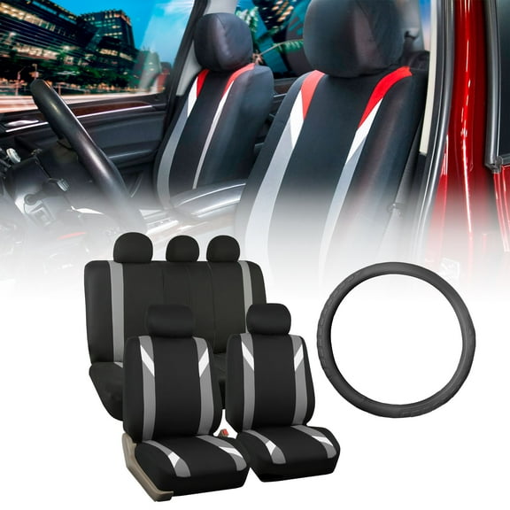 FH Group Premium Modernistic Car Seat Covers Combo, Full Set with Leather Steering Wheel Cover, Gray Black