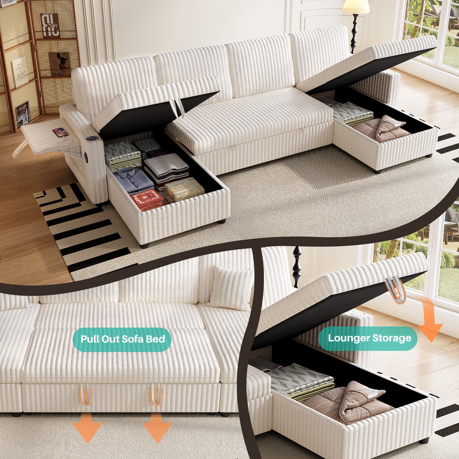 110.6" U-Shaped Convertible Sleeper Sofa Bed with Storage Chaise, Pull Out Sectional Sofa Couch with USB Charging Ports, Cup Holders & Side Pockets, Corduroy Fabric for Living Room, White