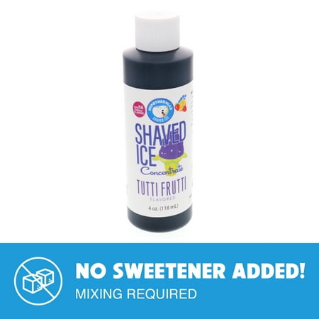 

Hypothermias Tutti Frutti Shaved Ice and Snow Cone Unsweetened Flavor Concentrate 4 Fl. Oz Size (makes 1 gallon of syrup with sugar and water added)