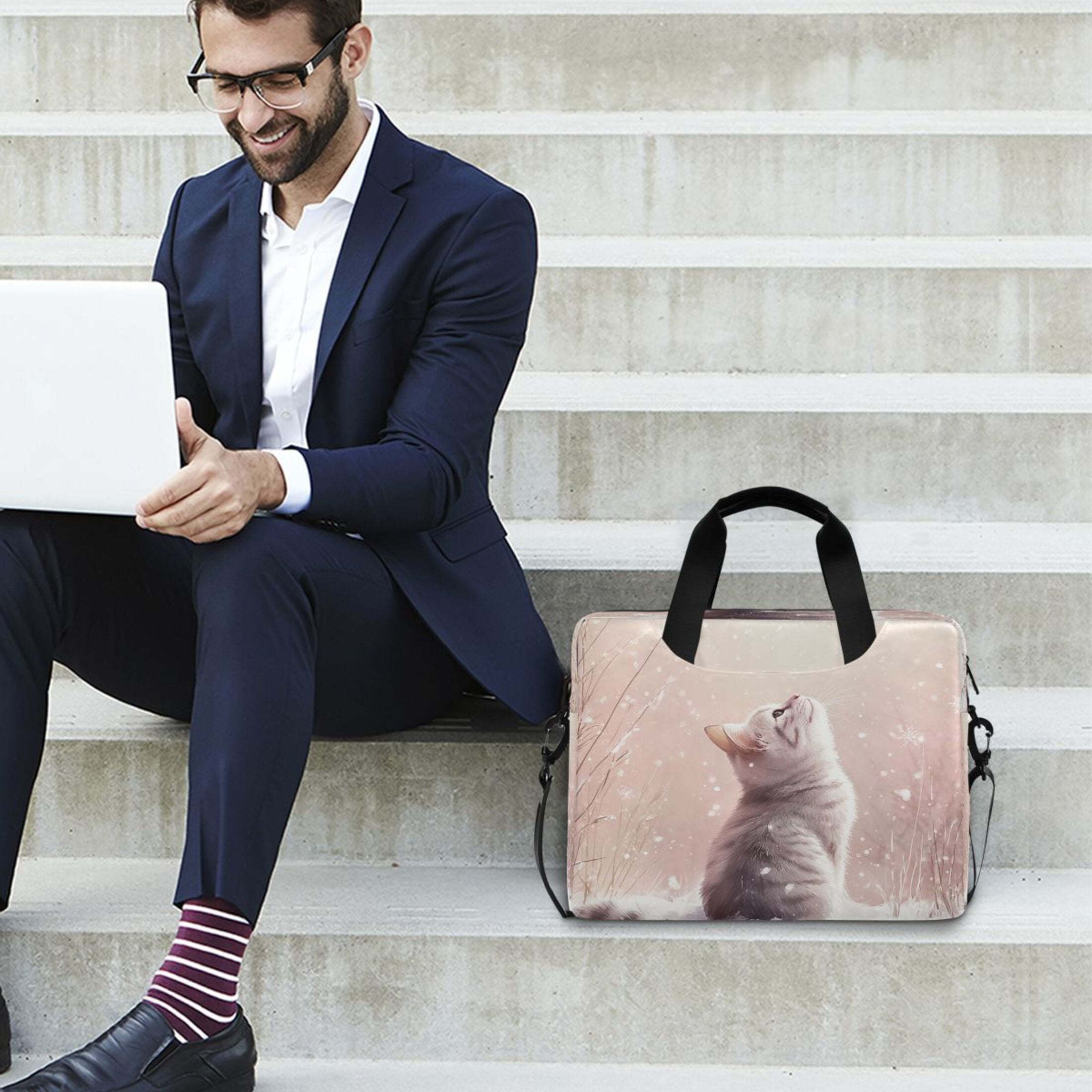 16" Laptop Tote Bag Laptop Sleeve Case Computer Briefcase for Work & Travel A Cat in The Snow