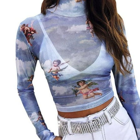 Angels Print T-shirt - Fancyleo Fancyleo Women's Long Sleeve Mock Neck Angel Print Sexy Sheer Mesh Crop Top Comfort