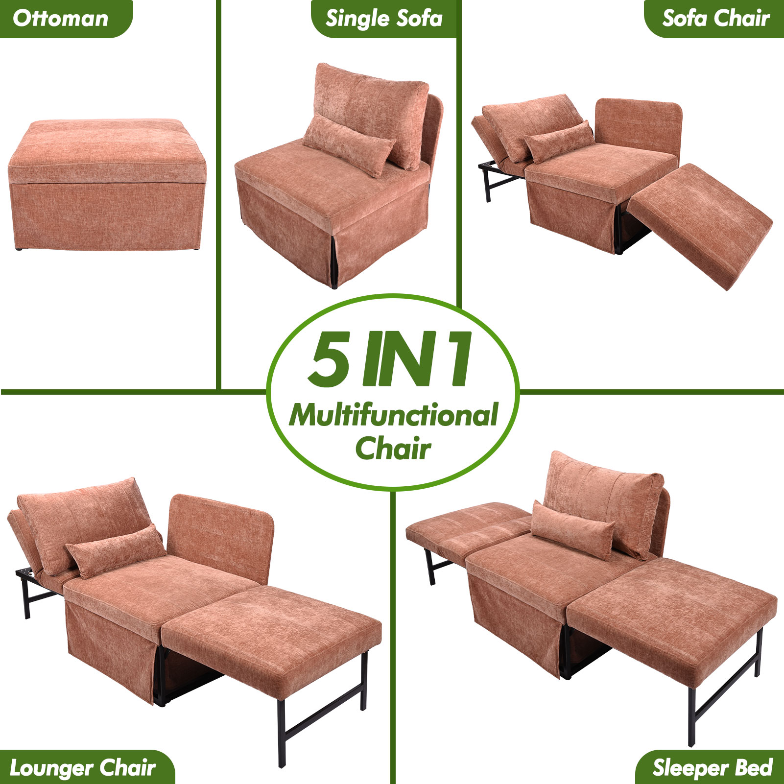 zzw 5-in-1 Convertible Sleeper Sofa Chair, Adjustable Linen Folding Ottoman Bed, Assembly-Free for Apartment Living Room