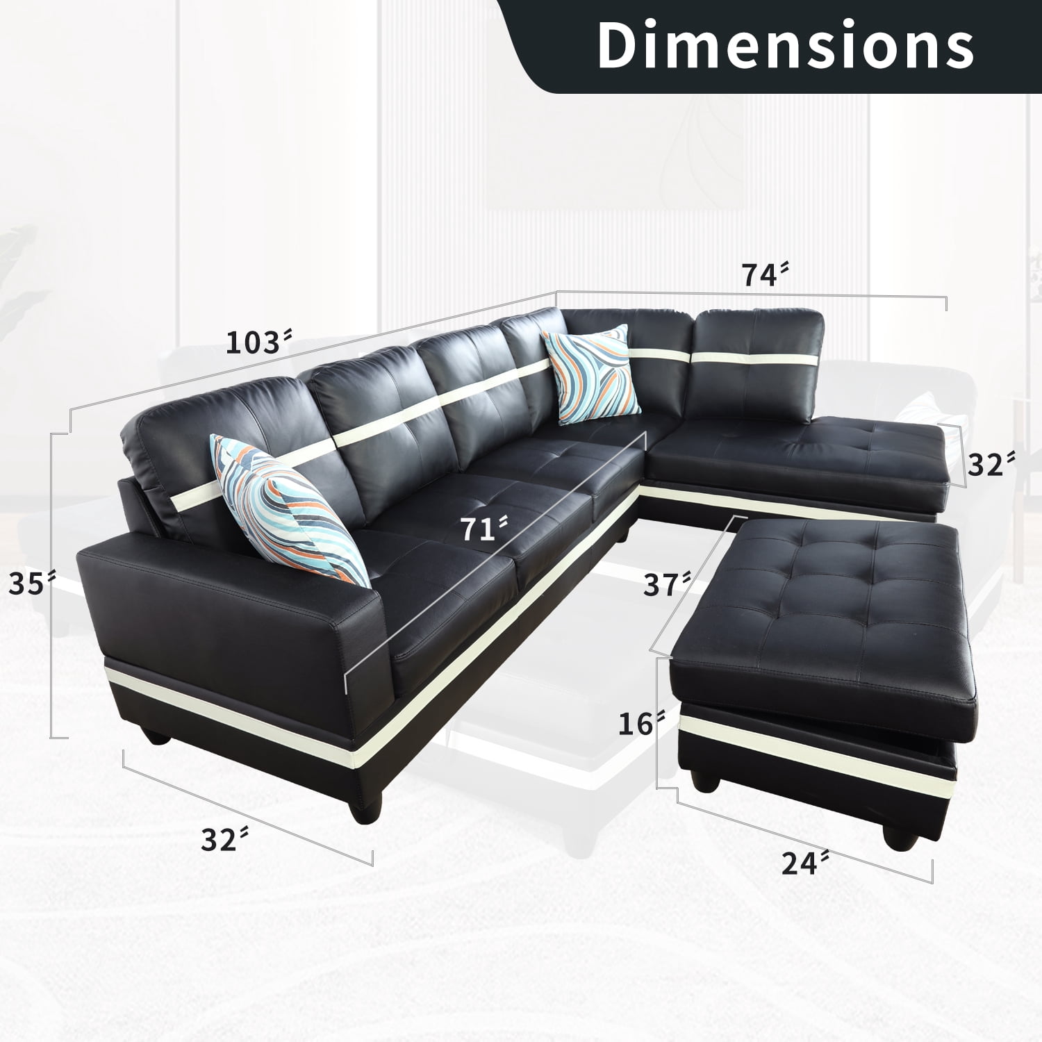 PonLiving Sectional Sofa Couch, L-Shaped 3-Piece Couch Living Room Sofa Set for Small Space, Apartment, Loft, Office, Right Hand Facing, Black&White