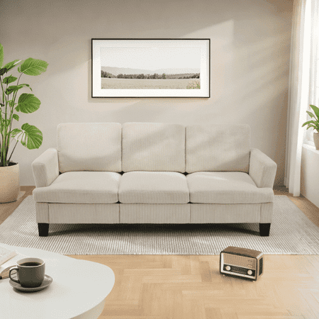 Erinnyees Modern Comfy 3 Seater Sofa, Upholstered Corduroy Couch, with Deep Seat & Washable Cover, Cozy Armrests & Heavy Duty Frame for Living Room, Easy Assembly, Beige