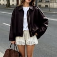 thumbnail image 5 of Yeglea Womens Fall Oversized Faux Leather Utility Jacket Point Collar Shoulder Epaulets Batwing Long Sleeve Gathered Balloon Hem Hidden Zip Cropped for Casual Streetwear Coffee,L, 5 of 6