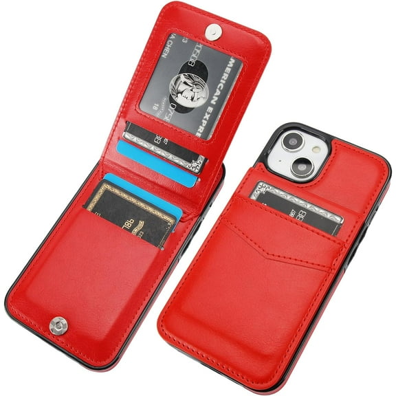 Compatible with iPhone 14 Case Wallet with Credit Card Holder, Flip Premium Leather Magnetic Clasp Kickstand Heavy Duty Protective Cover for iPhone 14 6.1 Inch (Red)