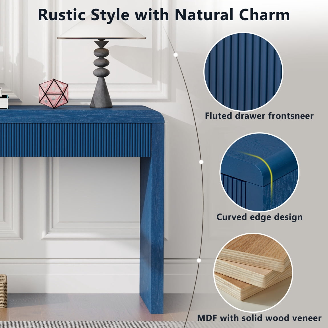 53 Inch Fluted Table for Entryway, Farmhouse Console Table with 3 Drawers and Adjustable Foot, Solid Wood Couch Tables Behind Sofa for Hallway, Living Room, Foyer, Navy