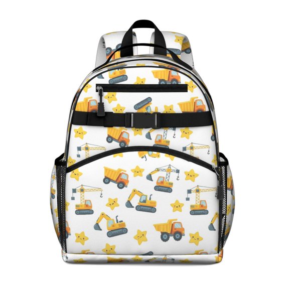 Excavator and Star White Pattern Cute School Backpack Bag for School with Padded Back and Adjustable Shoulder Straps 15.25"x11.5"x5.25"
